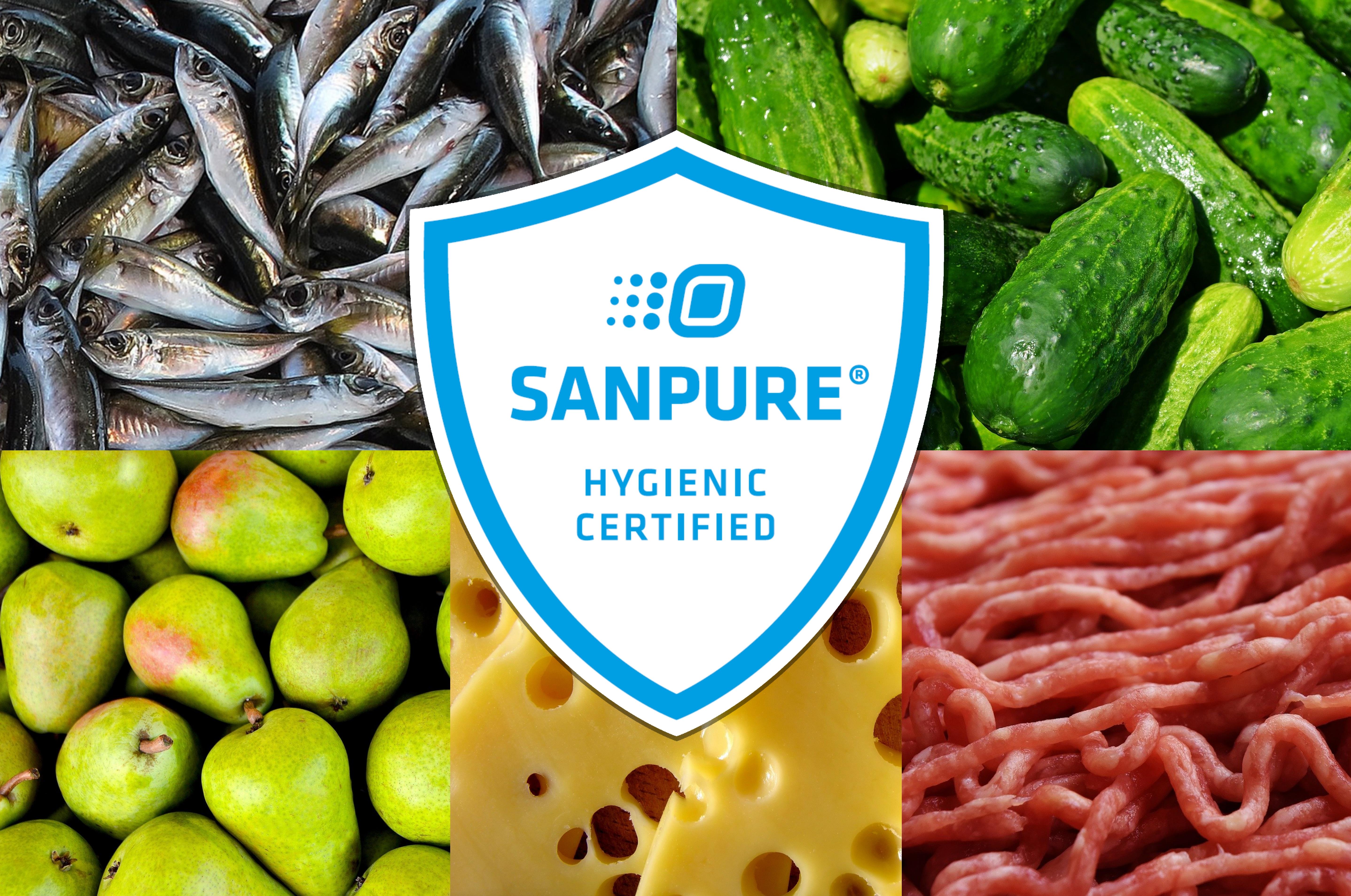 Antimikrobielle Beschichtung SANPURE® lebensmitteltauglich Bild von Lebenmitteln mit Logo von SANPURE® antimikrobielle Beschichtung
